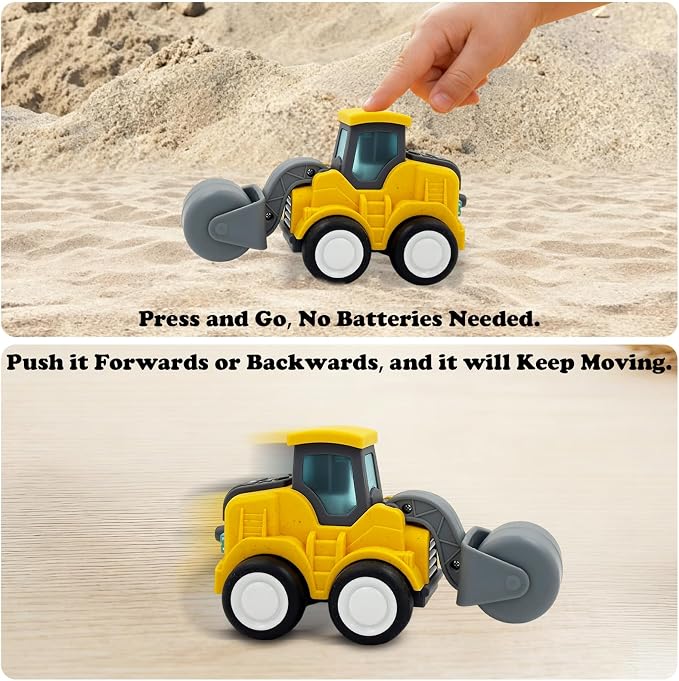 Construction Toys for Toddlers 1-3 Years Old, Press and Go Road Roller Truck Sand Toys with Movable Arm, Safe Wheat Straw Material, Birthday for Boys and Girls