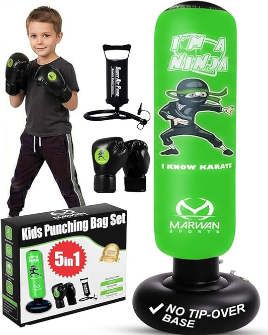 Marwan Sports Ninja Kids Punching Bag — Inflatable Sensory Toy & Birthday Gift for Boys & Girls Ages 4-12, 63" Freestanding 5-in-1 Kit, Indoor Apartment-Quiet Sensory-Friendly Active Play