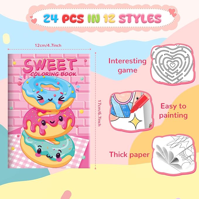 BenLouis 24 Pcs Fast Food Mini Coloring Books Kids Snacks Donut Pizza Party Favors Small Activity Books Bulk for Kids Delicious Fast Food Party Goodie Bags Stuffers Return Gifts Classroom Travel