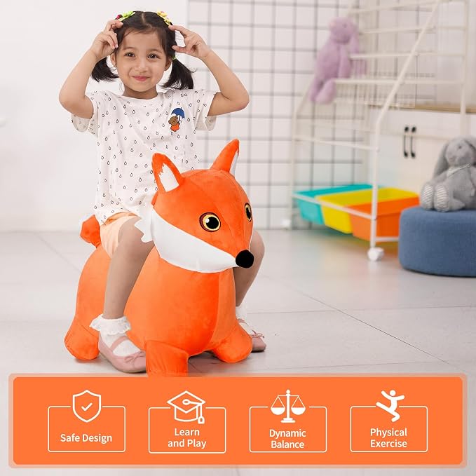 INPANY Bouncy Horse, Fox Hopper Toys, Toddlers Bouncing Animal Hopping, Plush Bounce Buddies, Inflatable Ride on Rubber Bouncer, Indoor Outdoor Birthday Gifts Toy for 2 3 4 Year Old Girls Boys