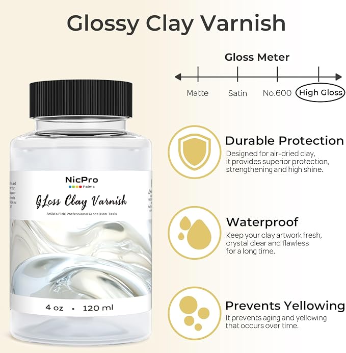 Nicpro Air Dry Clay Varnish (4.06 oz, 120 ml), Air Dry Clay Glaze Sealant for Pottery, Air Dry Clay, Acrylic Paint, Waterproof Prevent Clay Sculpture Scratches, Cracking, Wear- High Gloss Effect