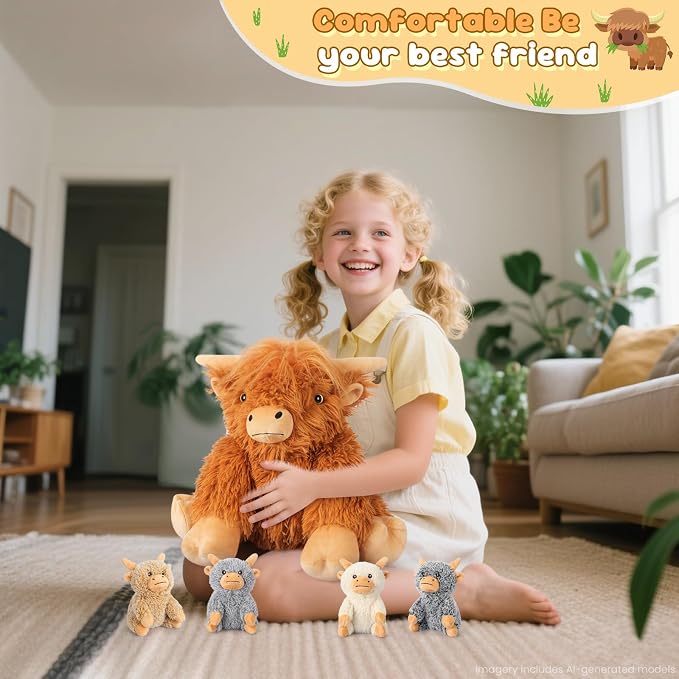 SuzziPals 5-in-1 Highland Cow Stuffed Animals with Babies Inside, 5PC Set Highland Cow Plush Mommy & 4 Babies, Soft Plushies Decor, Cute 3 to 8 Year Old Girl Gifts, Imaginative Play Toy (Cows)