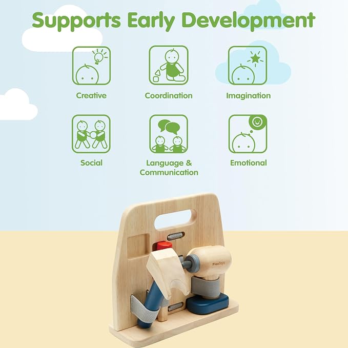 PlanToys® Wooden Handy Carpenter Set for Montessori Inspired Practical Life Play | Fine Motor, Construction and Imaginative Skill Building | Eco Friendly Tool Set for Creative Hands On Learning