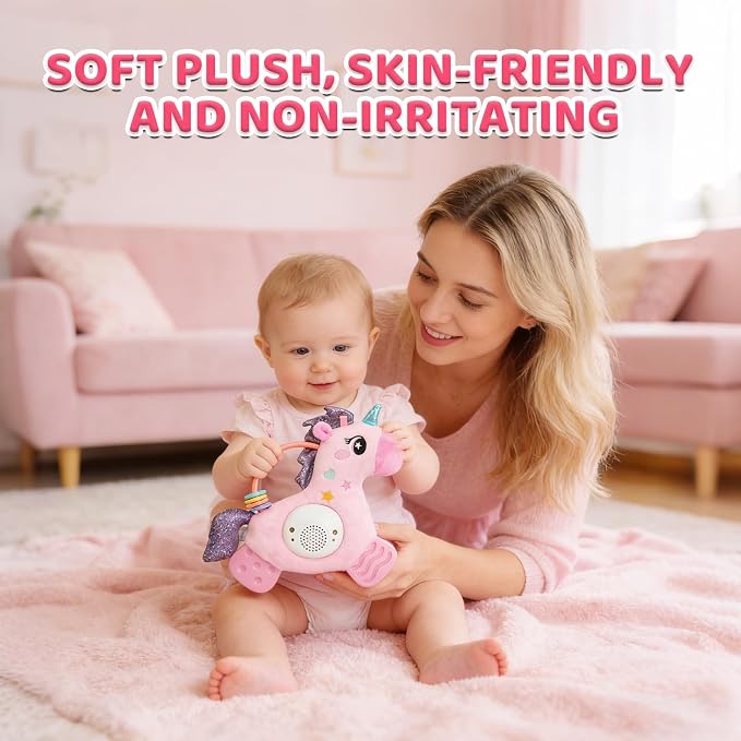 Baby Musical Activity Soft Toys with Sound & Light, Sensory Toys for Infant Developmental with Teether, Rattle and Textures, Soft Plush Toy for Newborn Gift 6 to 12 Months (Pink Unicorn)