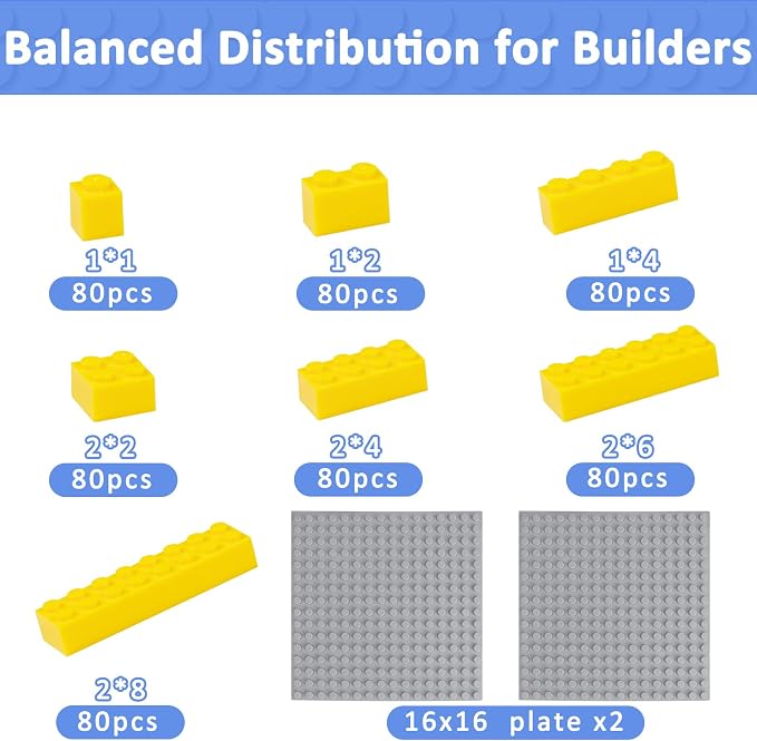 Cabeeskii 560 Pieces Yellow Classic Building Blocks Bulk with 2 Base Plates, Building Bricks in 7 Size, Compatible with All Major Bricks, for Kids & MOC Lovers