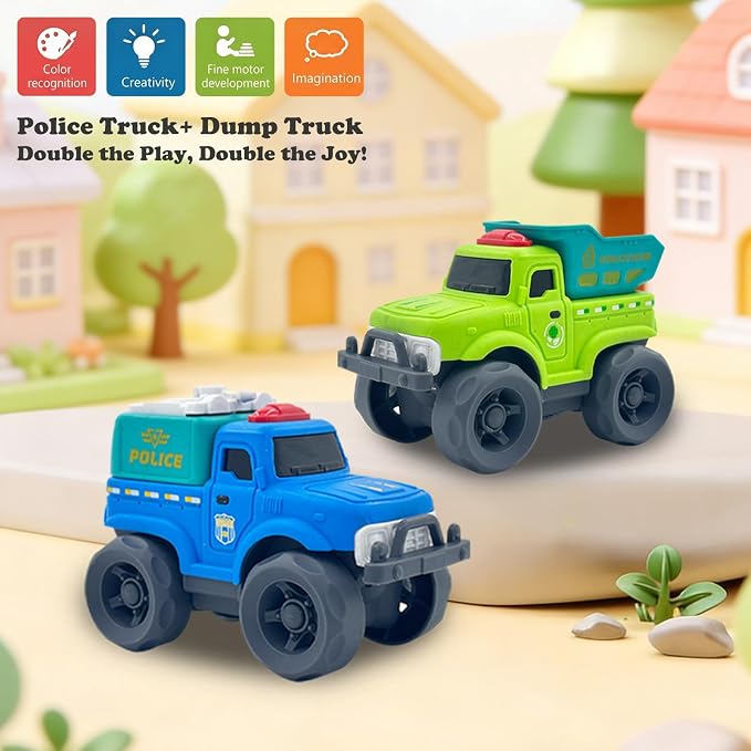 Aigitoy 2 Pack Toddler Cars for 1-3 Years, Dump Truck & Police Truck | Construction Vehicles, NO BPA, Phthalates, PVC, Recycled Plastic Toy, 18M+ Outdoor Toys, Xmas Birthday Gift for Boys Girls