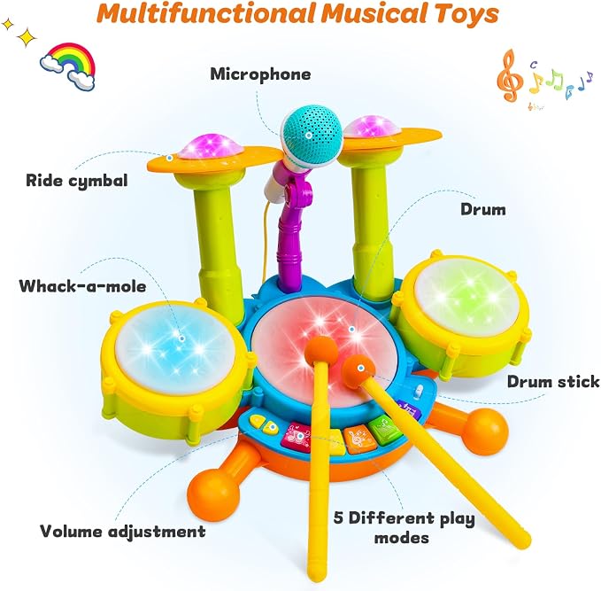 Kids Drum Set for Toddlers Musical Baby Toys Boy Gifts Montessori Baby Girl Toys with Microphone Light Up Learning Toys Birthday Gifts for Infants Toddler Age 3+