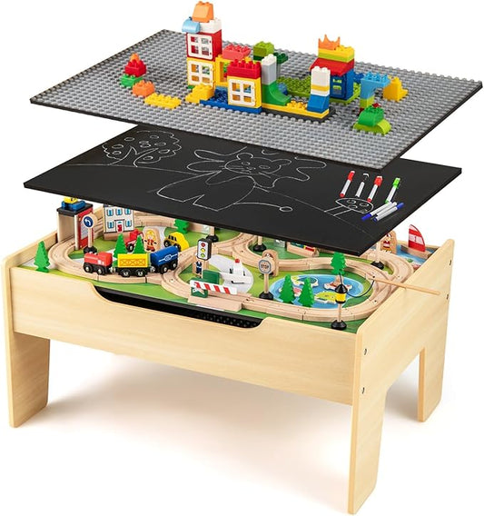 INFANS Train Table with Storage, 78 Pieces Wooden Kids Activity Toy Table Playset with Reversible Detachable Tabletop, Tracks, Train, Railway, City, Gift for Toddler Boys Girls Ages 3+