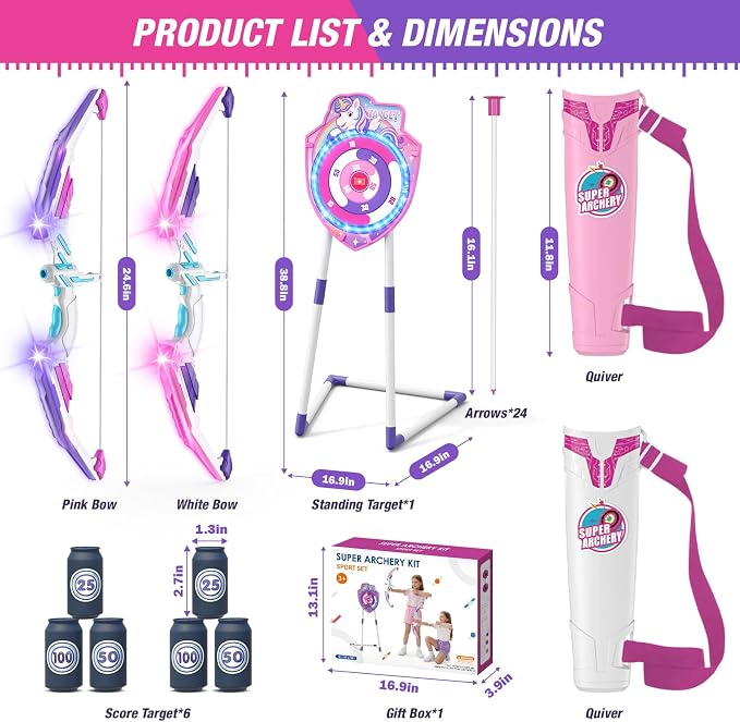 HYES 2 Pack Bow and Arrow for Kids, LED Light Up Unicorn Archery Set with 24 Suction Cup Arrows, 1 Standing Glow Target, 6 Score Targets & 2 Quivers, Indoor Outdoor Sport Toys for Girls Ages 4-12
