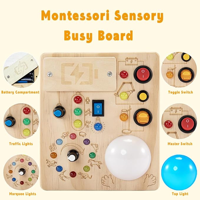 Montessori Busy Board for Toddlers 1-3 Year Old, Sensory Activity Toys for Baby Aged 1 2 3 Years Old with LED Light Switches, Wooden Travel Toys for Boys Girls Gift (Tap Light Busy Board)