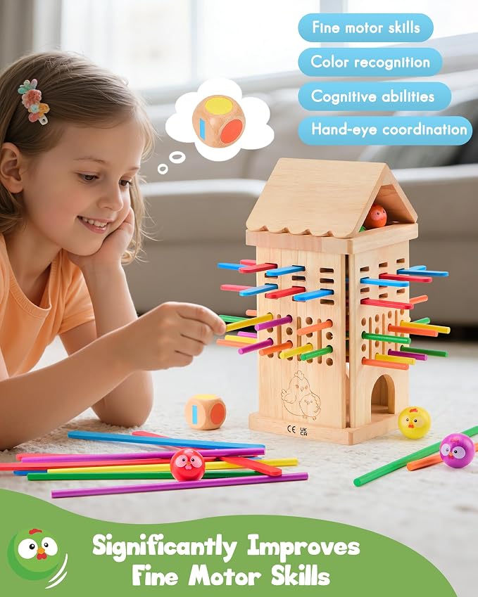 Montessori Board Game for Kids Ages 3-6, Safe Colorful Wooden Stick & Dice Toy, Fine Motor Skills Learning Game, Family Game for Kids & Adults, Educational Gift for Boys and Girls