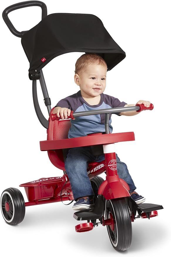 Radio Flyer 4-in-1 Stroll 'N Trike, Ages 1-5, Toddler Tricycle & Stroller, Foam Tires, Push Handle, UV Canopy, Removable Tray & Seatbelt, Amazon Exclusive
