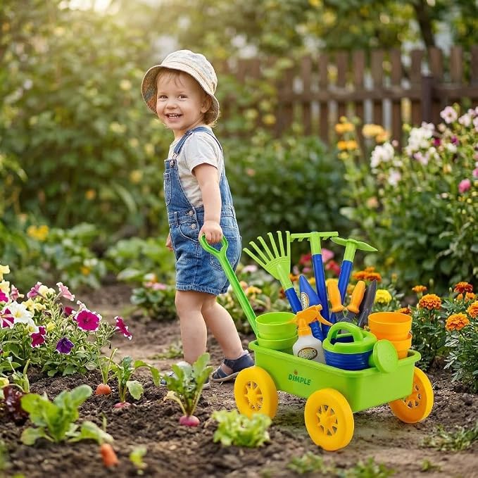 Dimple Garden Wagon & Tools Toy Set, Kids Gardening Set - 15 Pcs Outdoor Toys for Toddlers, Sand Toys - Sturdy & Durable - Top Yd, Beach, Sand, Garden Play Set for Kids & Toddler Gardening Tools