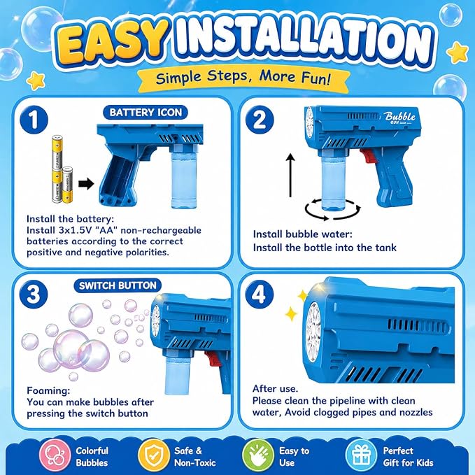 2 Pack LED Bubble Gun for Kids, Automatic Bubble Blower with 2 Refill Solutions, Leak-Proof Bubble Blaster Toy for Toddlers, Outdoor & Indoor Play, Ideal Easter & Birthday Gifts for Boys Girls Age 3-8
