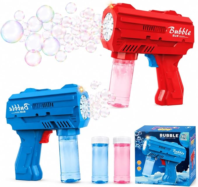 2 Pack LED Bubble Gun for Kids, Automatic Bubble Blower with 2 Refill Solutions, Leak-Proof Bubble Blaster Toy for Toddlers, Outdoor & Indoor Play, Ideal Easter & Birthday Gifts for Boys Girls Age 3-8