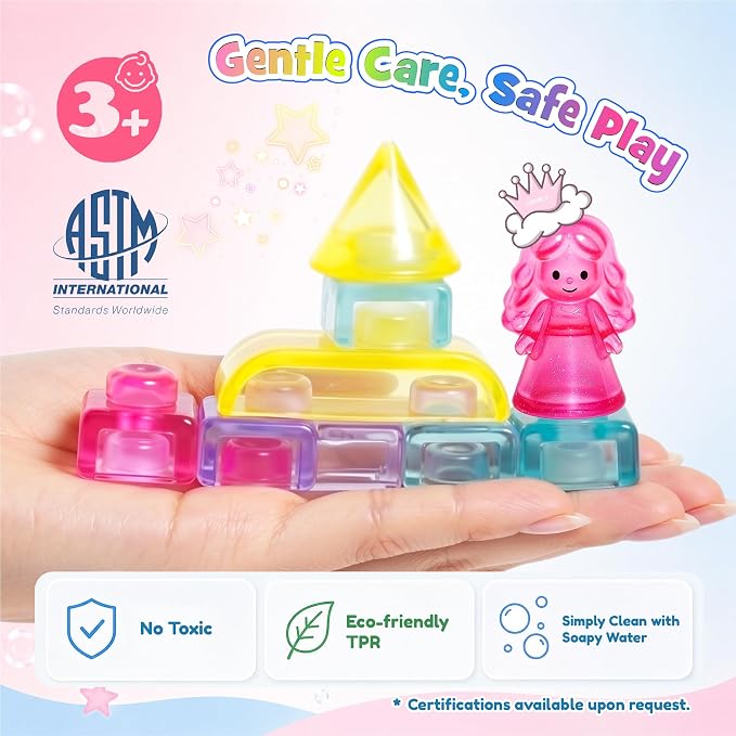 Gummy Bloc Princess Castle Building Blocks for Toddlers, 54 PCS Soft Sensory Squishy Blocks, Non-Toxic Montessori Stacking Toys for Fine Motor Skills, STEM Preschool Educational Gift for Girls