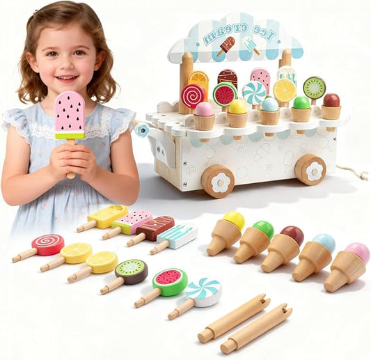 BROWNROOT Wooden Ice Cream Cart for Kids Pull Along Pretend Play Food Toys with Popsicles Ice Cream Cones ToyMontessori Role Play Toy Gift for Toddlers Girls Boys 3 4 5 Years Old