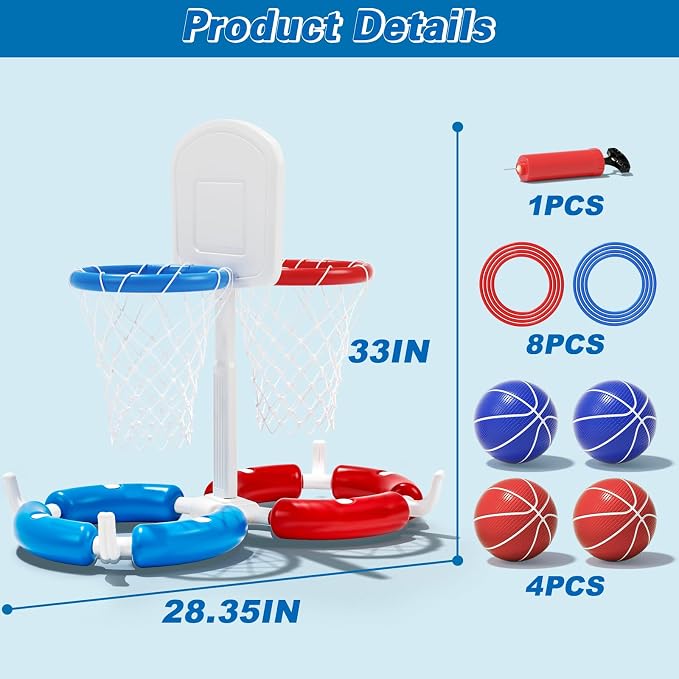 Double Pool Basketball Hoop with Backboard &Ring Toss Game, 2-in-1 Floating Pool Toy with 4 Balls 8 Rings&Pump,2 Player Games Summer Activities for Kids 5-8 8-12& Adult,Outdoor Swimming Party Gifts