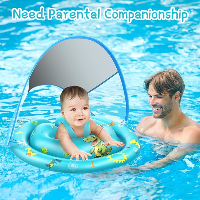 LAYCOL Baby Pool Float with Canopy UPF50+, 120°Adjustable Sun Protection and Anti-Tip Safety Seat, Inflatable Toddler Floaties Infant Pool Float with Animal Pool Toys, Baby Beach Essentials for 6-36M
