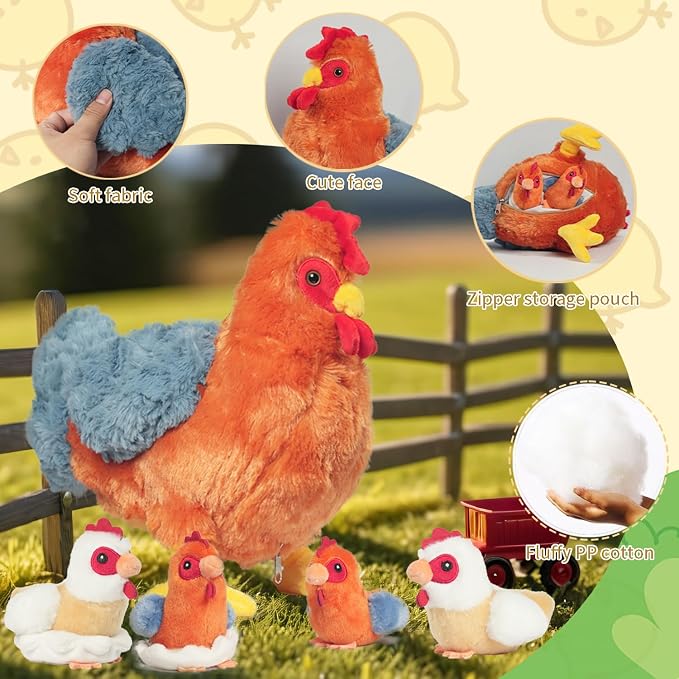 9 in 1 Chicken Stuffed Animal Set, Cute Stuffed Chicken Plush Toy Egg Laying Hen with Zipper and Baby Chicks Toy Chickens Eggs and Chicken Coop Toys for Kids Girls Boys Birthday Christmas Plush Gifts