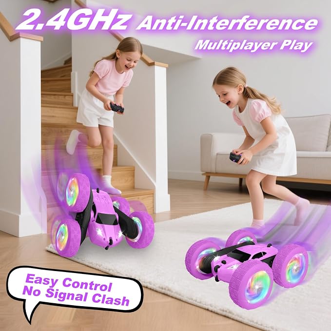 Remote Control Car, Outdoor Toys RC Cars for Kids Ages 6-12, 4WD Double Sided Stunt Vehicle with Upgraded USB-C Modular Batteries, 5 6 7 8 9 10+ Year Old Boy Birthday Purple