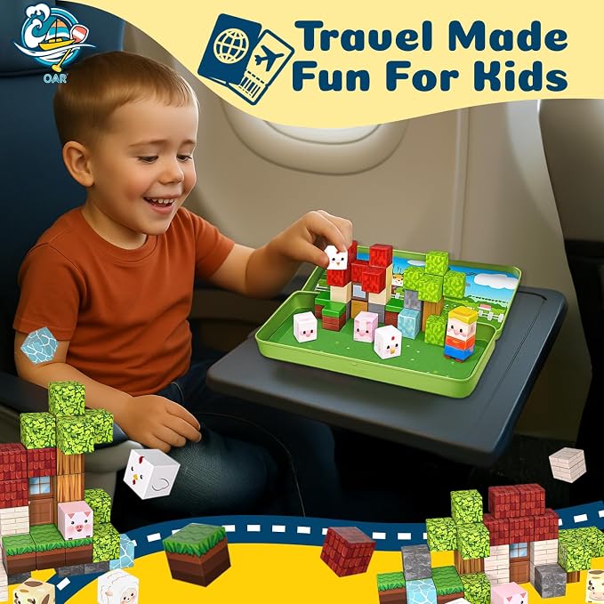 OAR Magnetic Blocks for Kids Ages 3-8 – 35 PCS Mini Magnetic Cubes Farm Animal Building Set, Travel Toy with Portable Iron Box, STEM Magnetic Tiles Gift for Toddlers, Boys & Girls