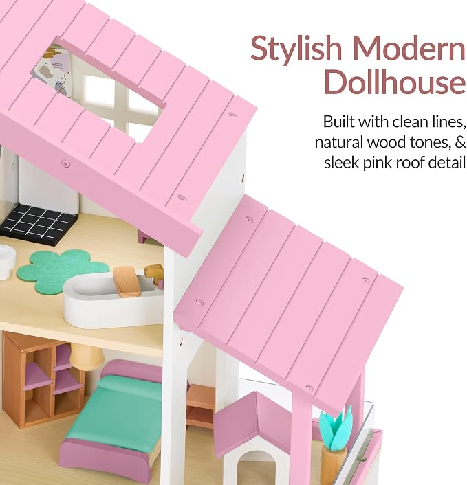 Best Choice Products Modern Wooden Dollhouse for Kids, 3-Story Doll House with 40 Furniture Accessories, Interactive Dollhouse Set with Dolls, Multi-Room Design for Girls & Boys - Pink