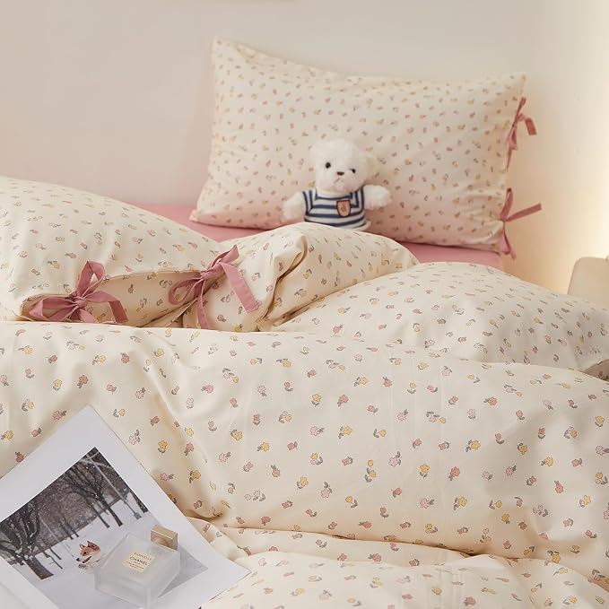 Botanical Floral Comforter Set Full Size, Cute Colorful Flowers Pattern Cottagecore Comforter with 2 Bow Ties Pillowcases, Soft Lightweight Bedding Comforter for All Seasons Aesthetic Bedroom Decor