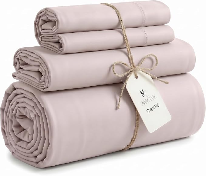 Full XL Size Sheets Set, 4-Piece Premium Egyptian Long-Staple 100% Cotton Bedding Set, Single-Ply Luxury Sateen Weave Hotel Quality Sheets, Soft & Breathable, 15” Deep Pockets, Blush Pink
