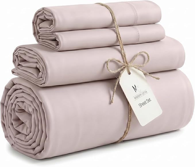 Queen Size Sheets Set, 4-Piece Premium Egyptian Long-Staple 100% Cotton Bedding Set, Single-Ply Luxury Sateen Weave Hotel Quality Sheets, Soft & Breathable, 15” Deep Pockets, Blush Pink