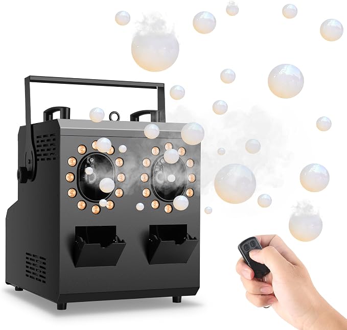 1500W Fog Bubble Machine with 24 RGBW LEDs, DMX512 & Wireless Remote, Dual 5L Tank, Timer — Professional Smoke Filled Bubble Blower for Wedding Halloween DJ Stage Party Indoor Outdoor
