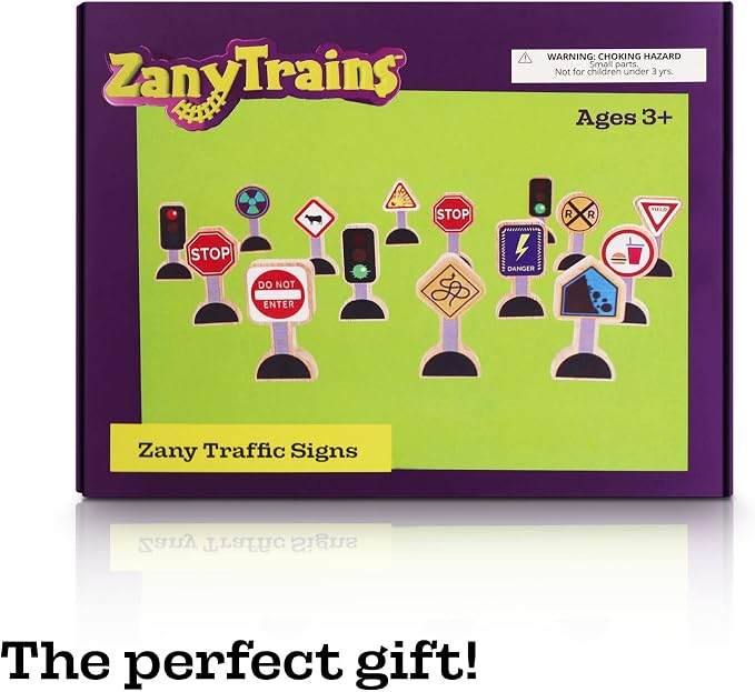 15 Pieces - Wooden Traffic Signs For Kids - Zany Street Signs for Play Mats, Toy Trains and Cars - Wooden Street Signs Road Signs - Educational Preschool Train Track Accessories - Zany Trains Series 2