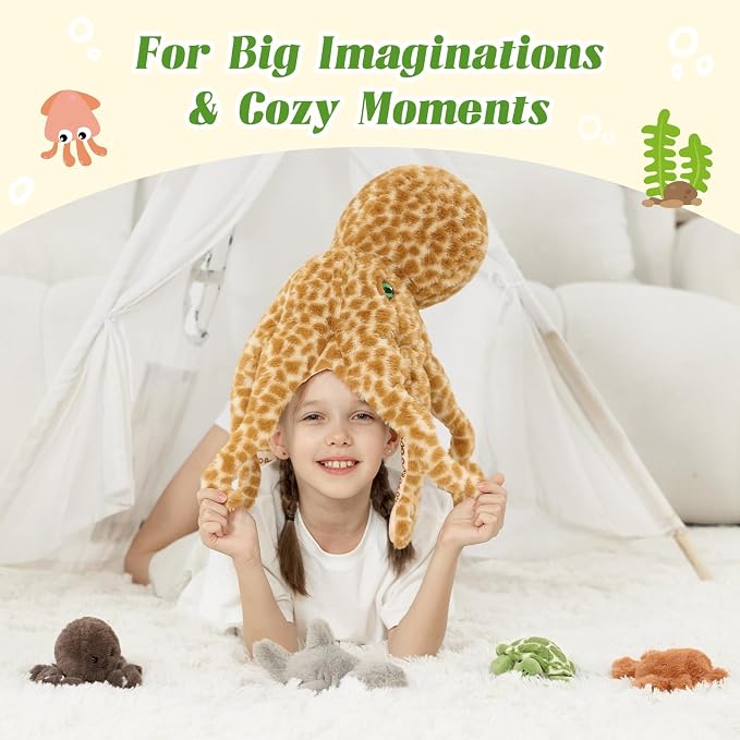 5 Piece Giant Octopus Plush Set, 23.6 Inch Mom Octopus Stuffed Animal with 4 Mini Ocean Animal Plush Toys, Soft Sea Creature Plush with Zippered Head Pouch, Ocean Gift for Kids