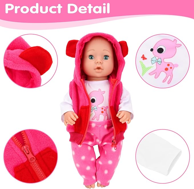 4 PCS Baby Doll Clothes and Accessories for 14-16 Inch Born Baby Dolls 1 Pink Hooded Vest with Pants T-Shirt and 1 Hanger Outfit Clothing Set for Dolls
