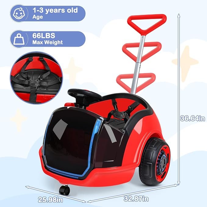 ANPABO 3-in-1 Electric Push Ride On Car, 12V Kids Ride On Toy w/Remote Control, 360° Spin, 5-Point Safety Belt, Colorful LED Light, Music Player, Push Car for Toddler Ages 1-3 (Red)