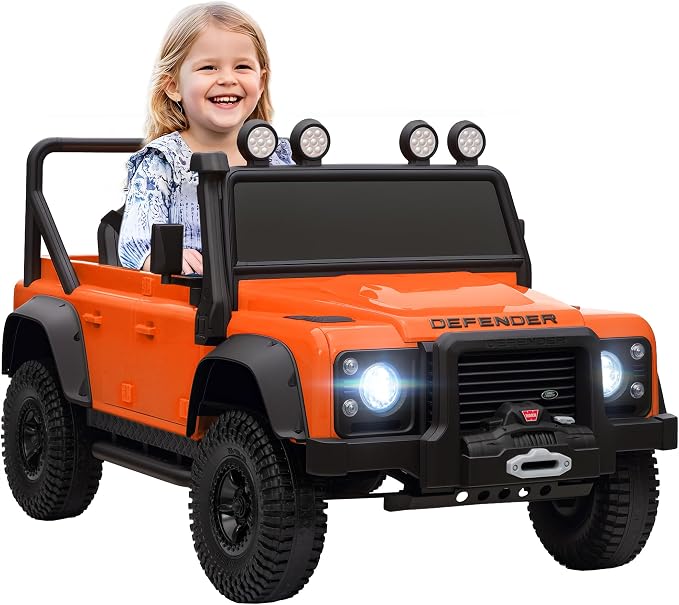 Qaba Land Rover 110SVX Licensed Electric Car for Kids, 12V Battery Powered Kids Ride On Car with Remote Control, Dual Motors, Spring Suspension, LED Lights, 3 Speeds Ride On Truck, Orange