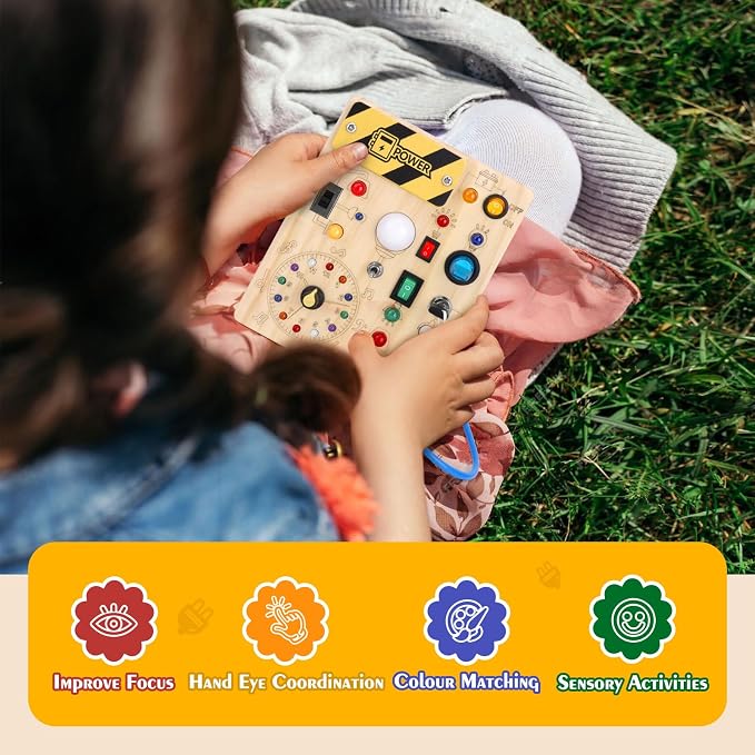 Hoarosall Montessori Toys Clock Wooden Busy Board with 11 LED Light switches, Tooddler Sensory Travel Toys for 1+ Year Old Baby and Toddler