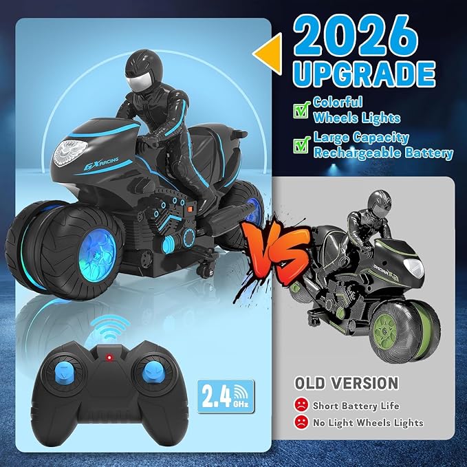 RC Motorcycle, Remote Control Motorcycle with RGB Wheels Lights - 360-degree Rotations, Drifts, High-Speed, RC Car Dirt Bike Toy for Boys 4-7 8-12 Years Kids