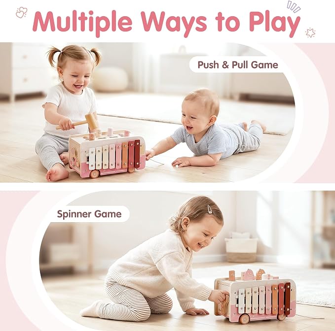 Vanplay Hammering Pounding Toys for 1 Year Old Girl Gifts, Montessori Toys for 1 2 Year Old, 7 in 1 Wooden Preschool Learning Activities Toy for Toddlers 1-3 - Baby Girl Gifts 12+ Months(Pink)