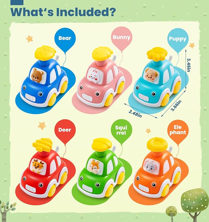 TooyBing Press and Go Car Toys for Toddlers 1-3, 6 Pack Animal Baby Car Toys for 1 2 Year Old Boy, Push Go Friction Vehicle Toys for Infants 12-18 Months, One First Birthday Gifts for Boys Girls