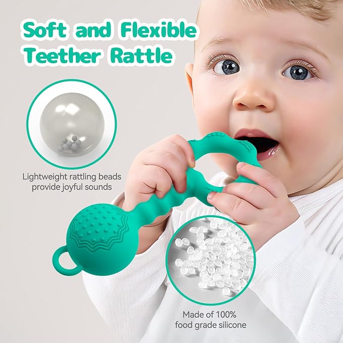 Teethers for Babies 6-12 Months, Rattles for Babies 0-6 Months, 2-in-1 Rattle and Teether Toy for Soothing Sore Gums and Keeps Little Ones Entertained, Food Grade Silicone (Spearmint)