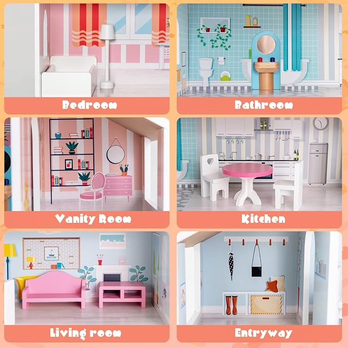 HONEY JOY Dollhouse with 8 Pcs Furniture, 3-Level Wooden Doll House, Pretend Play Kids Doll’s House, Princess Mini Toy House Furniture Playset, Gift for Little Girls(Pink, 2.8 FT)