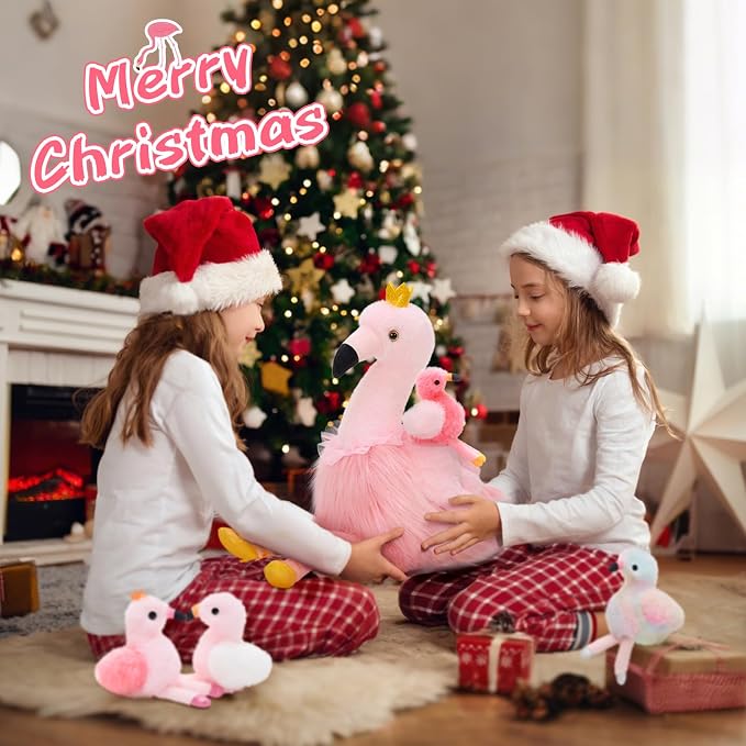 MorisMos Pink Flamingo Stuffed Animal with 4 baby Bird Plush Toys Inside, 24'' Ballerina Flamingo Plush Toys Set for Girl Boy Kid, Mom & Baby Pink Bird Stuffed Animal Gift Decor for Christmas Birthday