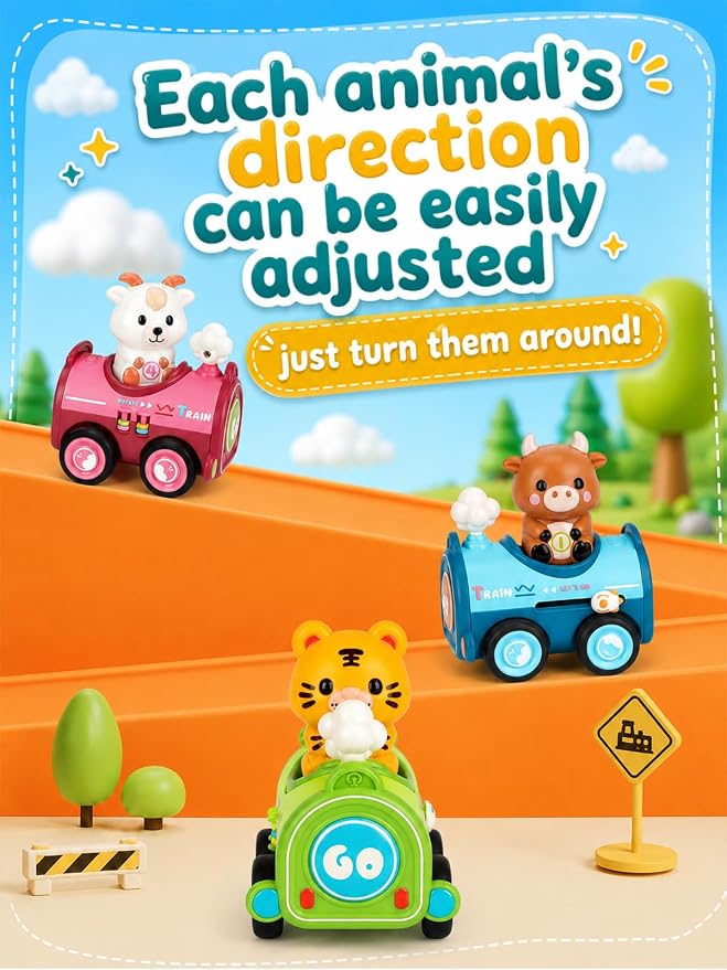 4 Pack Magnetic Connect & Press to Go Car Toys, Animal Finger Puppet Race Cars, Fine Motor Skill Toddler Toys 1-3, Push Down Friction Vehicle Set, Gifts for Baby Boys Girls 12-18 Months