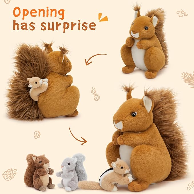 MaoGoLan 4Pcs Squirrel Plush Toys with 3 Baby Squirrels, Realistic Mother Squirrel Stuffed Animal Set, Soft Brown Woodland Animal Plushie Gift for Kids, Girls, Boys & Forest Animal Lovers
