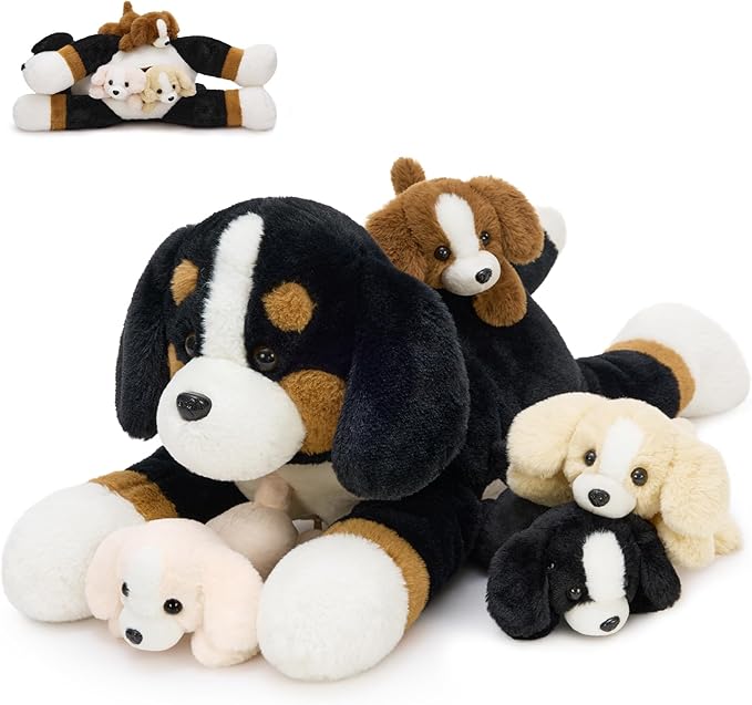 Tezituor Bernese Mountain Dog Stuffed Animal,24 Inch Mommy Dog Plush with 4 Puppies,5-in-1 Realistic Plush Dog with Zipper,Large Stuffed Dog Toy Gift for Kids,Girls,Boys,Dog Lovers Christmas Birthday