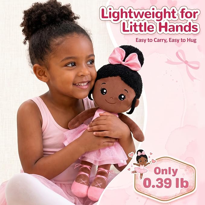 OUOZZZ 12.6" Black Soft Baby Dolls Toys for 1 Year Old Girl Gifts, African American Dolls Birthday Gifts for 1 Year Old Girl Ballerina Doll Plush Toys for Toddler