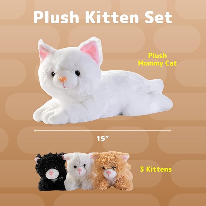 PREXTEX Plush Cat Toys Stuffed Animal with 3 Cats Baby Stuffed Animals - Big Cat Zippers 3 Little Plush Baby Kittens - Animal with Babies - Gift for Cats Lovers