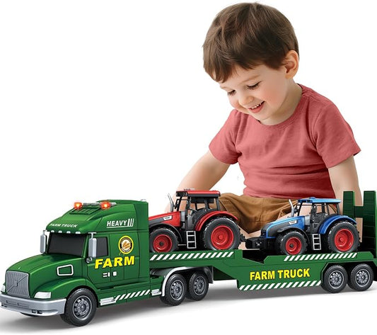 Bstoyder Toddler Boy Toys for 3 4 5 6 7 Years Kids, 27" Semi Flatbed Truck Toy with 2 Tractors, Friction Powered Vehicles Toys with Lights and Sounds, Birthday for Boy Girls