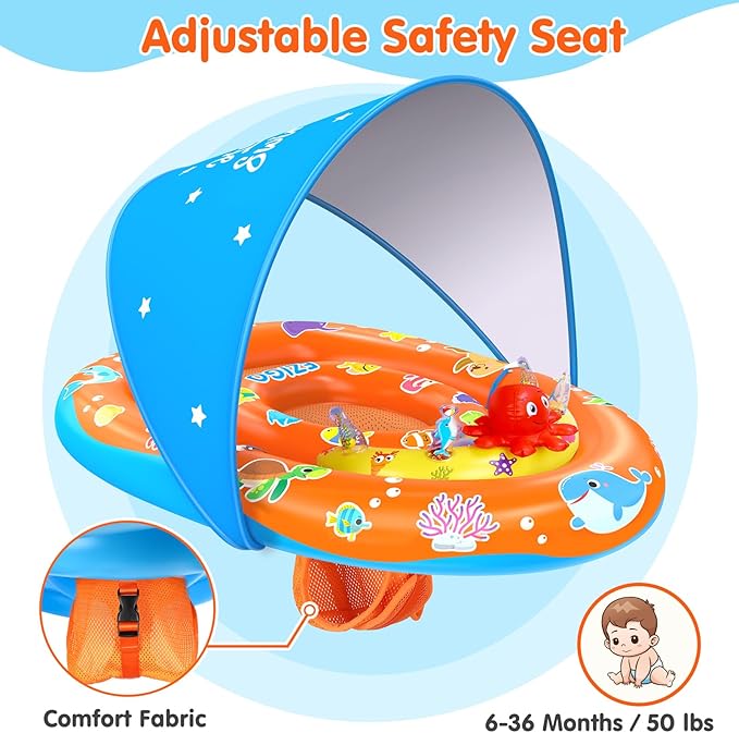 EZIGO Baby Pool Float with Canopy UPF50+ Sun Protection, Inflatable Kids Pool Floats with Ocean Animal Toys for Baby 6-36 Months, Infant Swimming Float with Adjustable Safety Seat for Boys Girls